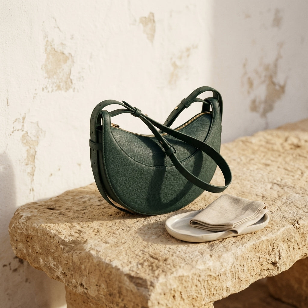 Bolso tipo hobo verde con asa de correa y cremallera superior