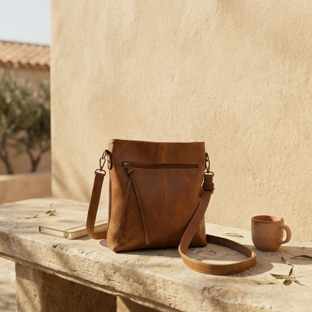Bolso bandolera marrón con correa de piel y cierre con cremallera, con forma estructurada.