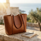 Bolso maxi vintage marrón con textura de cocodrilo y asas dobles.