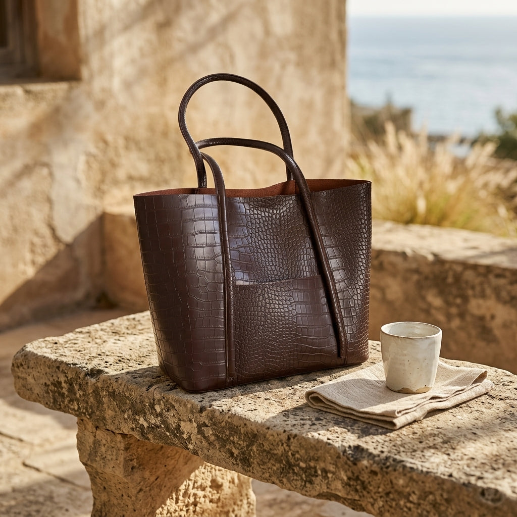 Bolso maxi vintage marrón con textura de cocodrilo y asas altas.