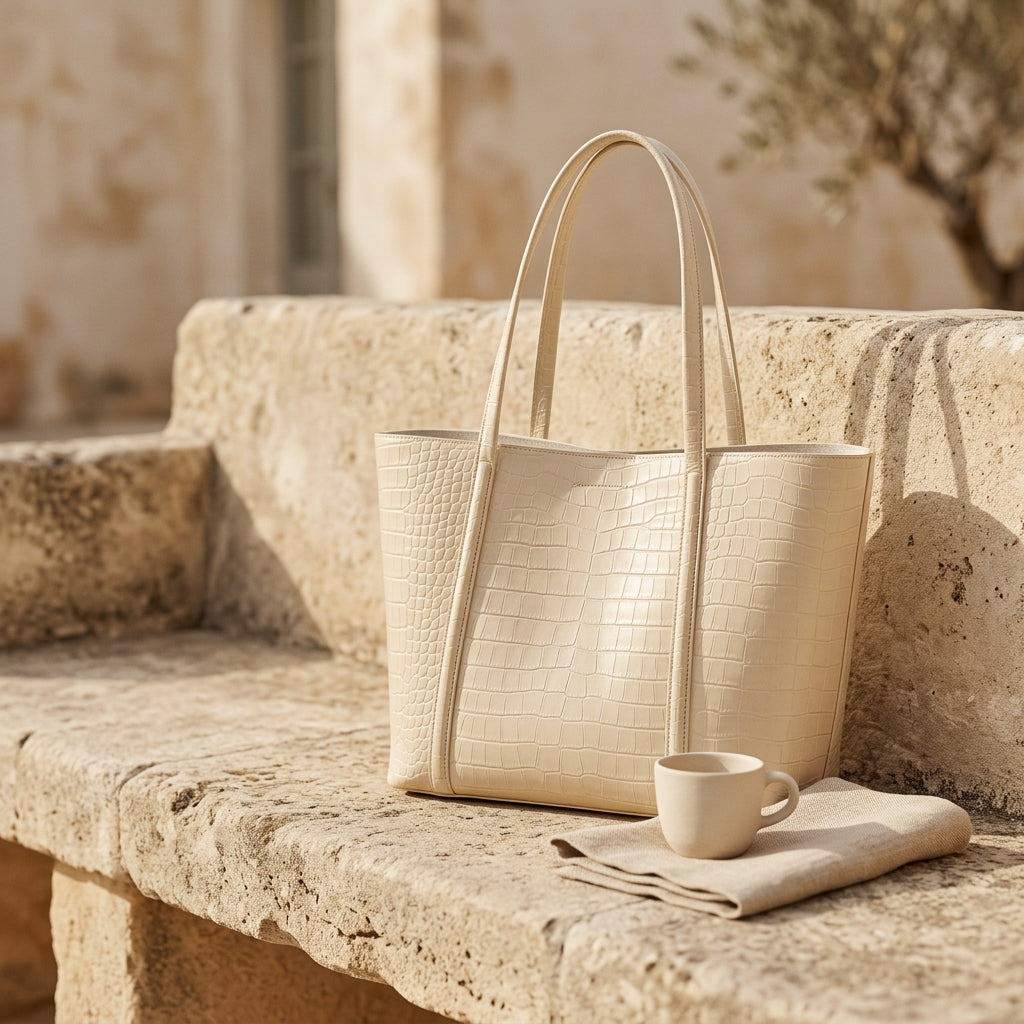 Bolso maxi vintage beige con textura de cocodrilo y asas largas.