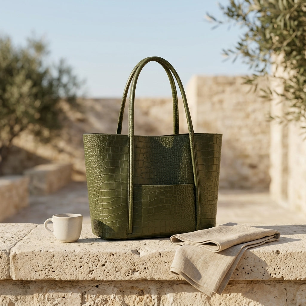 Bolso maxi vintage verde con textura de cocodrilo y asas cortas.