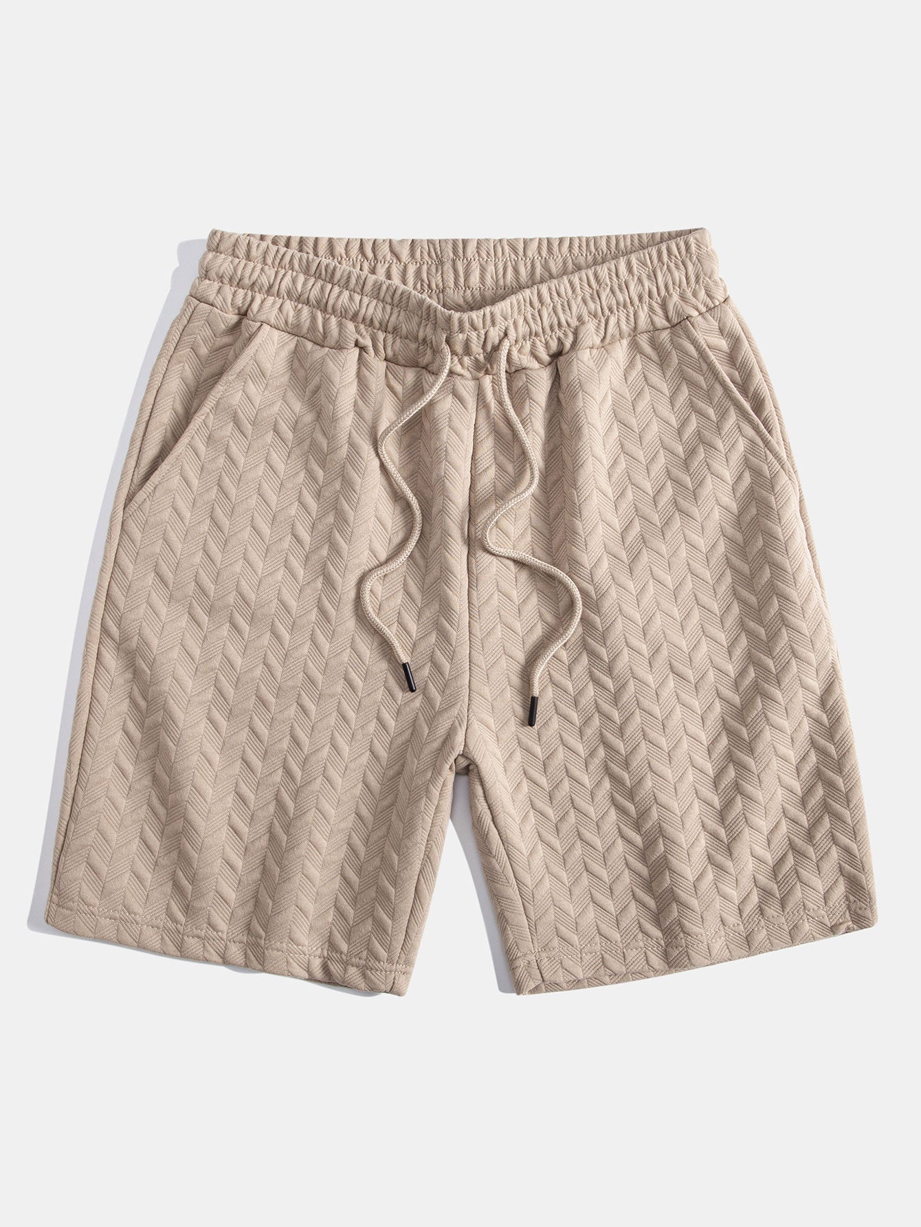 Pantalones cortos de jacquard geométrico beige con cintura elástica y cordón