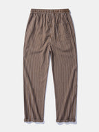 Pantalón recto de lino a rayas café con bolsillo, cintura elástica y cordón