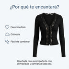 Top negro de manga larga con encaje floral y abertura frontal con botones