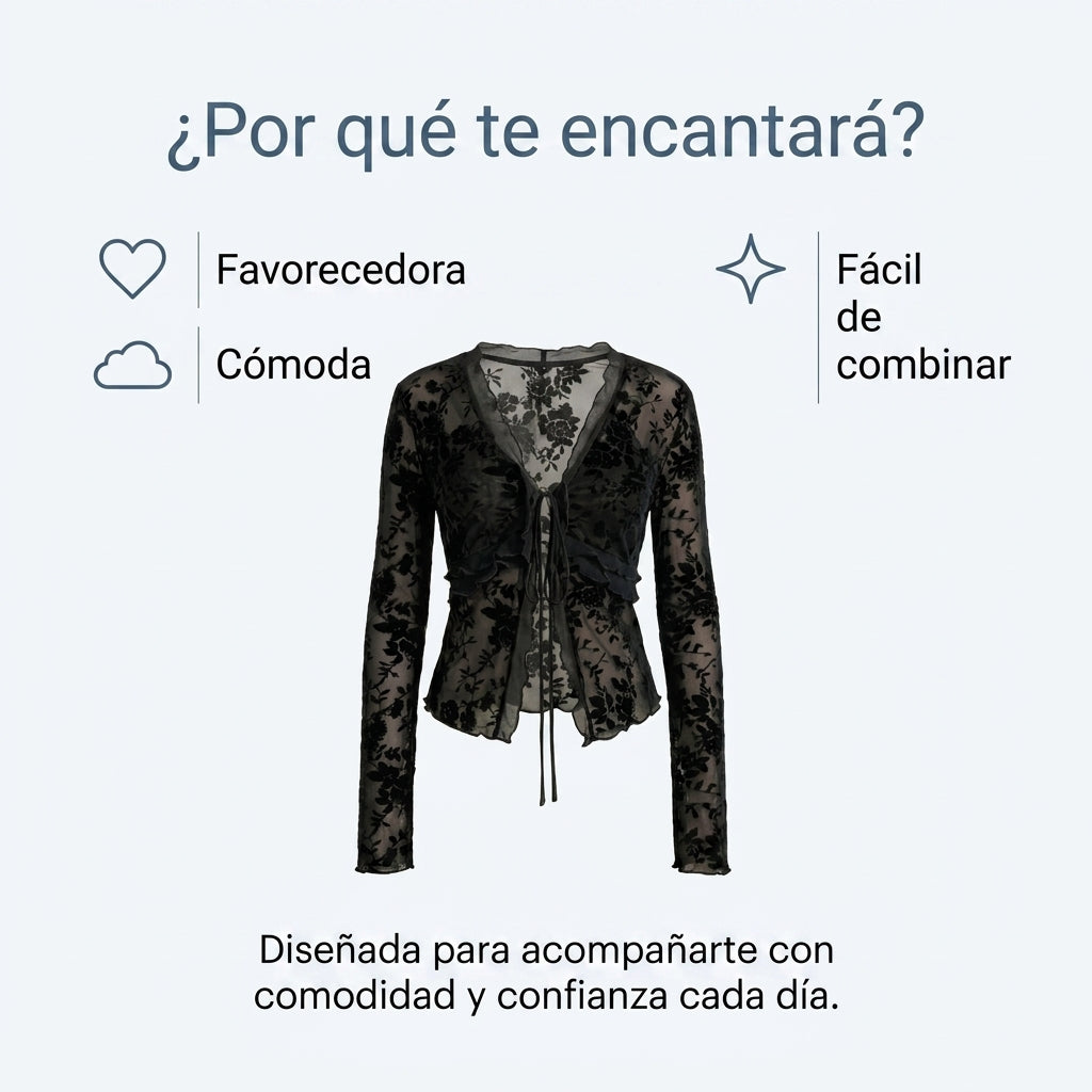 Blusa negra de encaje floral con cordones en el escote y mangas largas