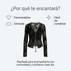 Blusa negra de encaje floral con cordones en el escote y mangas largas