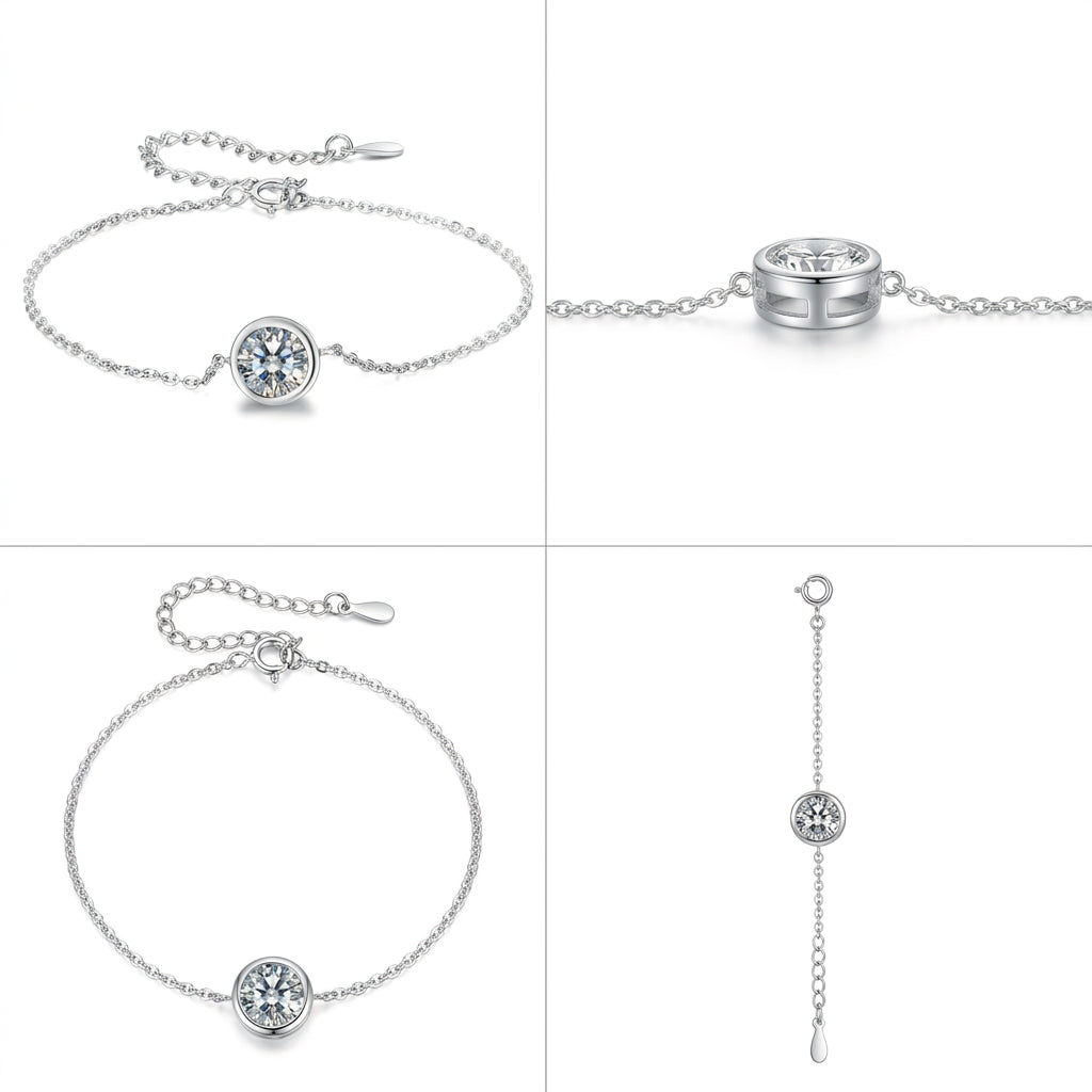 Pulsera de plata con piedra redonda transparente y cierre con cadena extensora.