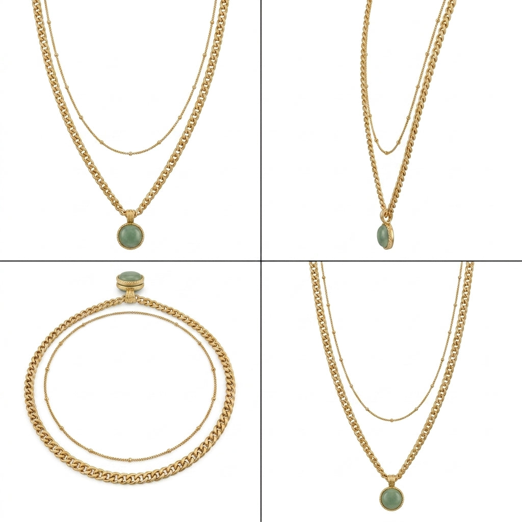 Collares dorados con cadena fina y colgantes redondos verdes claros