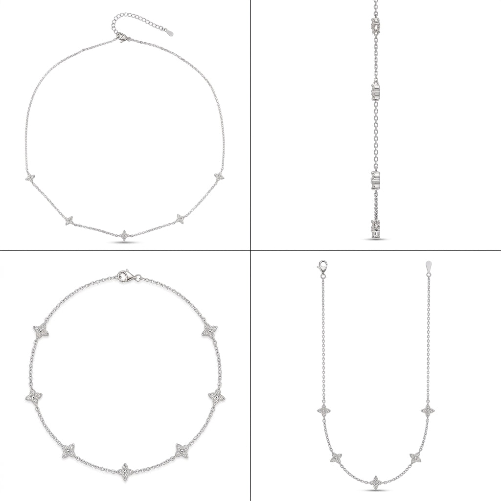 Collar plateado con cadena fina y colgantes de estrella en los laterales
