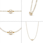 Collar de perlas blancas con perla grande y varias vistas del diseño con cierre
