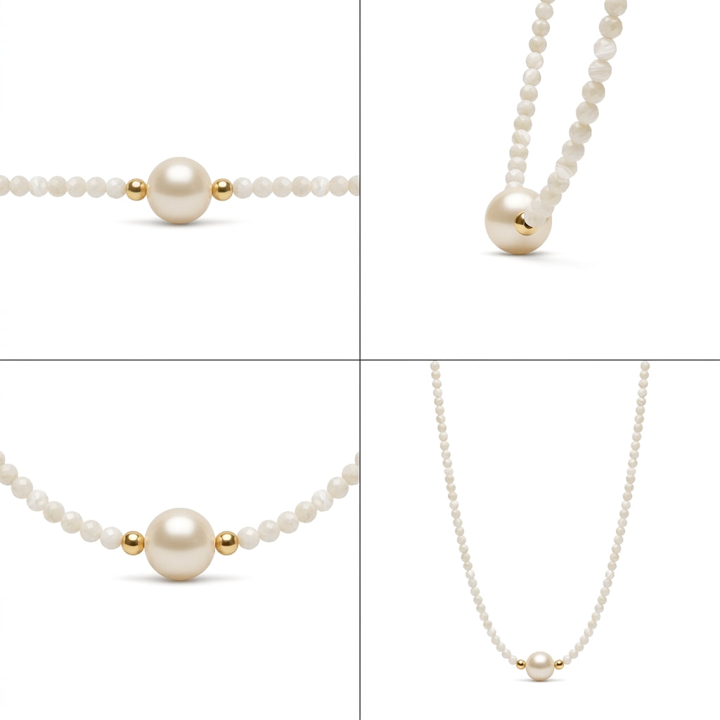 Collar de perlas blancas con perla grande y varias vistas del diseño con cierre