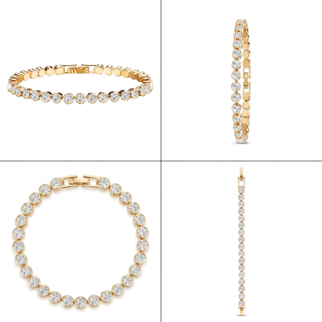 Pulsera de circonitas con cuentas y broche rectangular, acabado dorado
