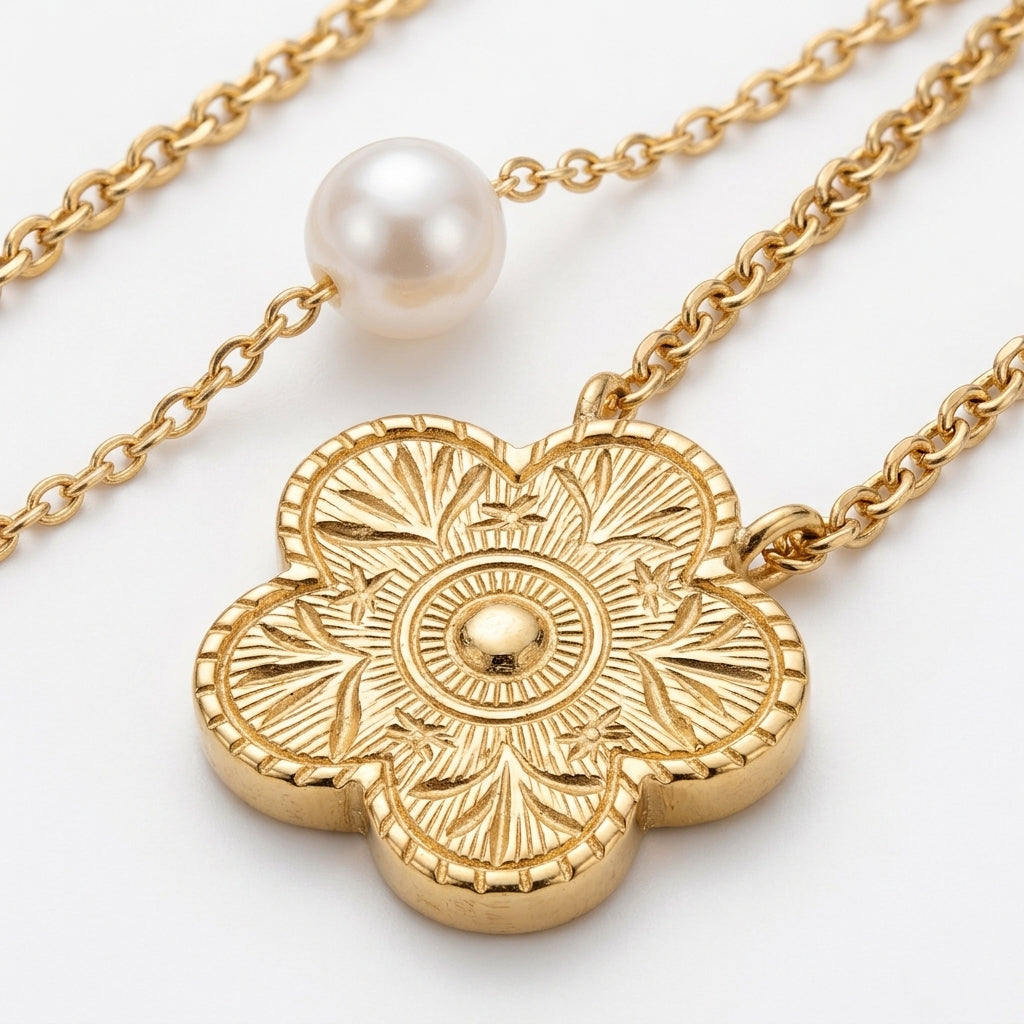 Collar Cadence dorado con cadena y colgante floral con perla central
