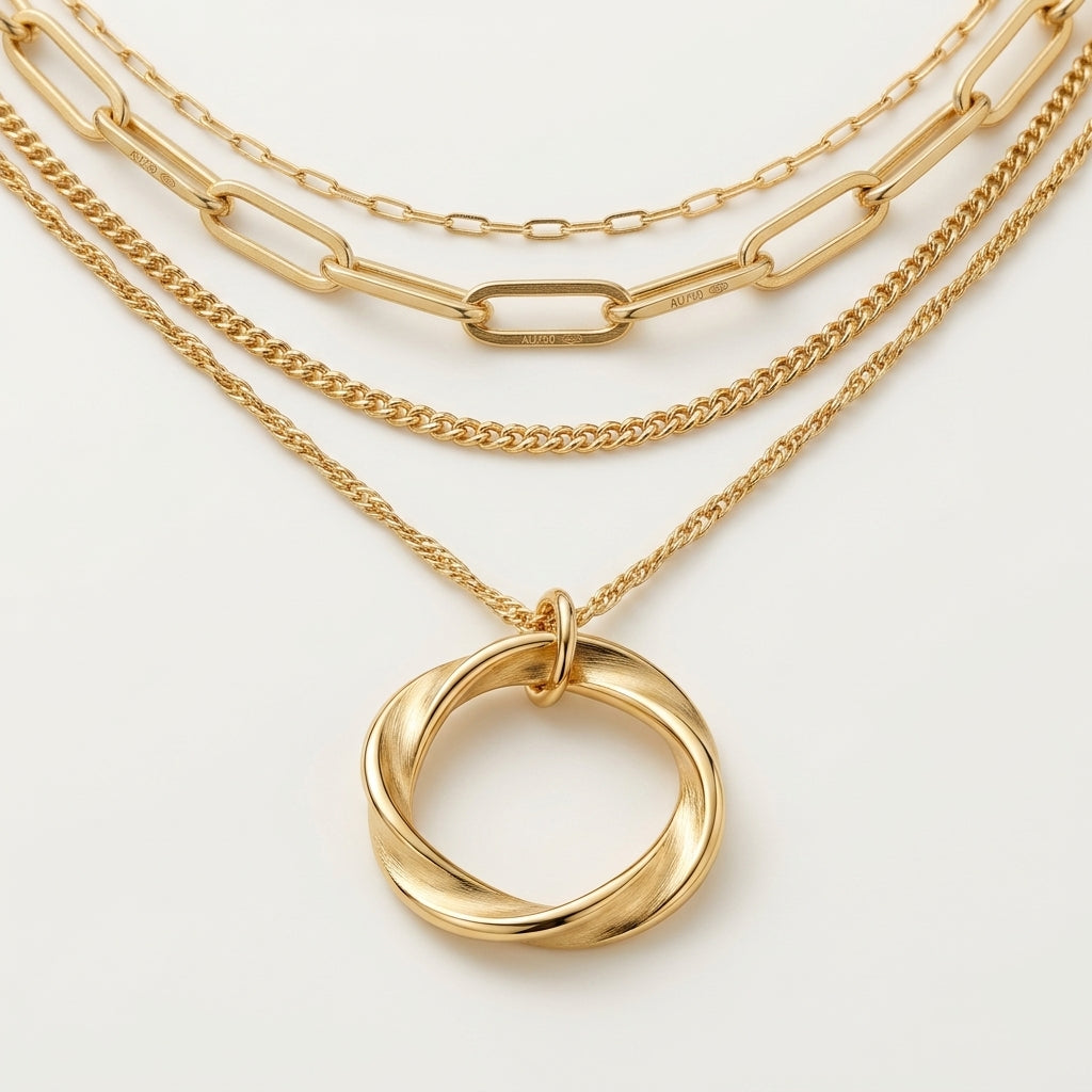 Collar de capas dorado con cadenas y colgante anillo con forma de corazón