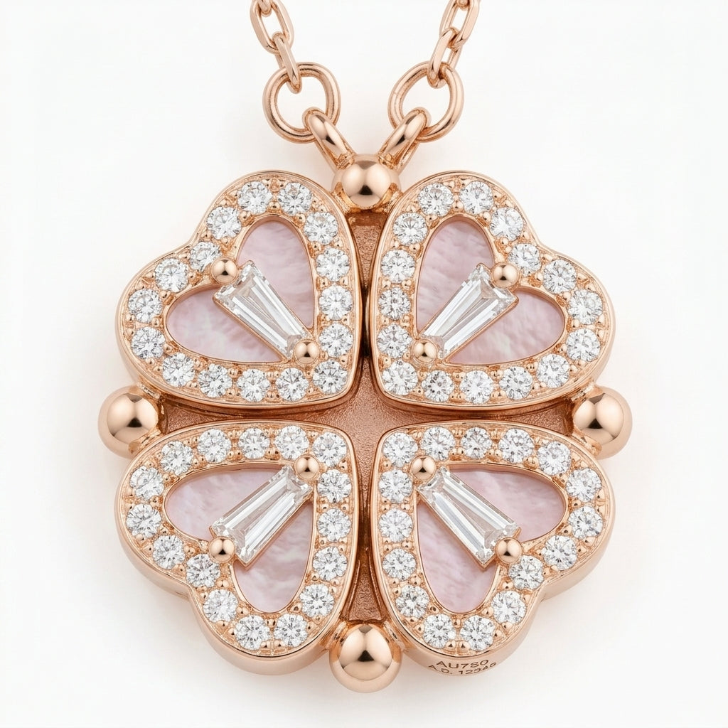 Collar de oro rosa con colgante trébol de corazones, esmalte rosa y piedras