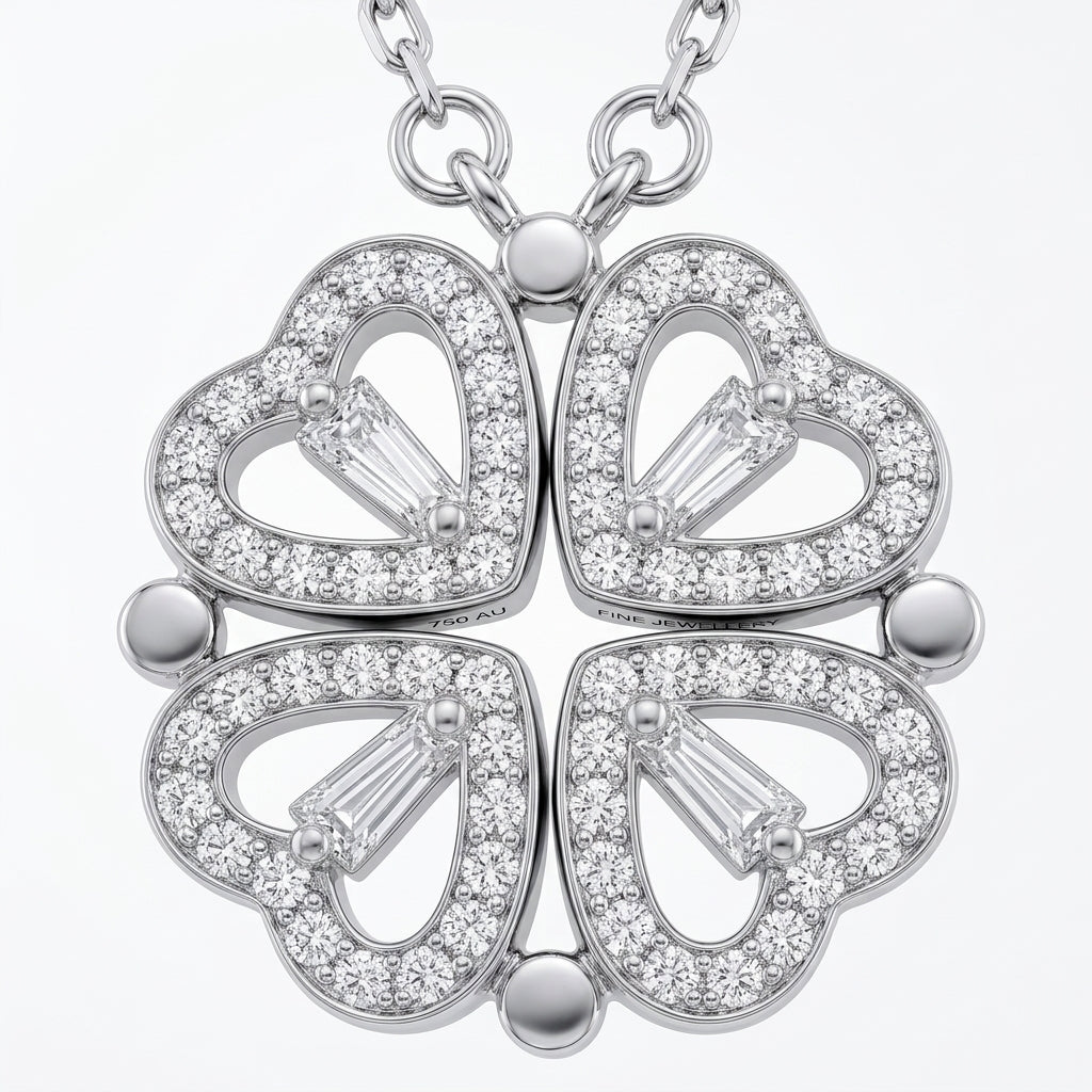 Collar plateado con colgante trébol de corazones con piedras brillantes