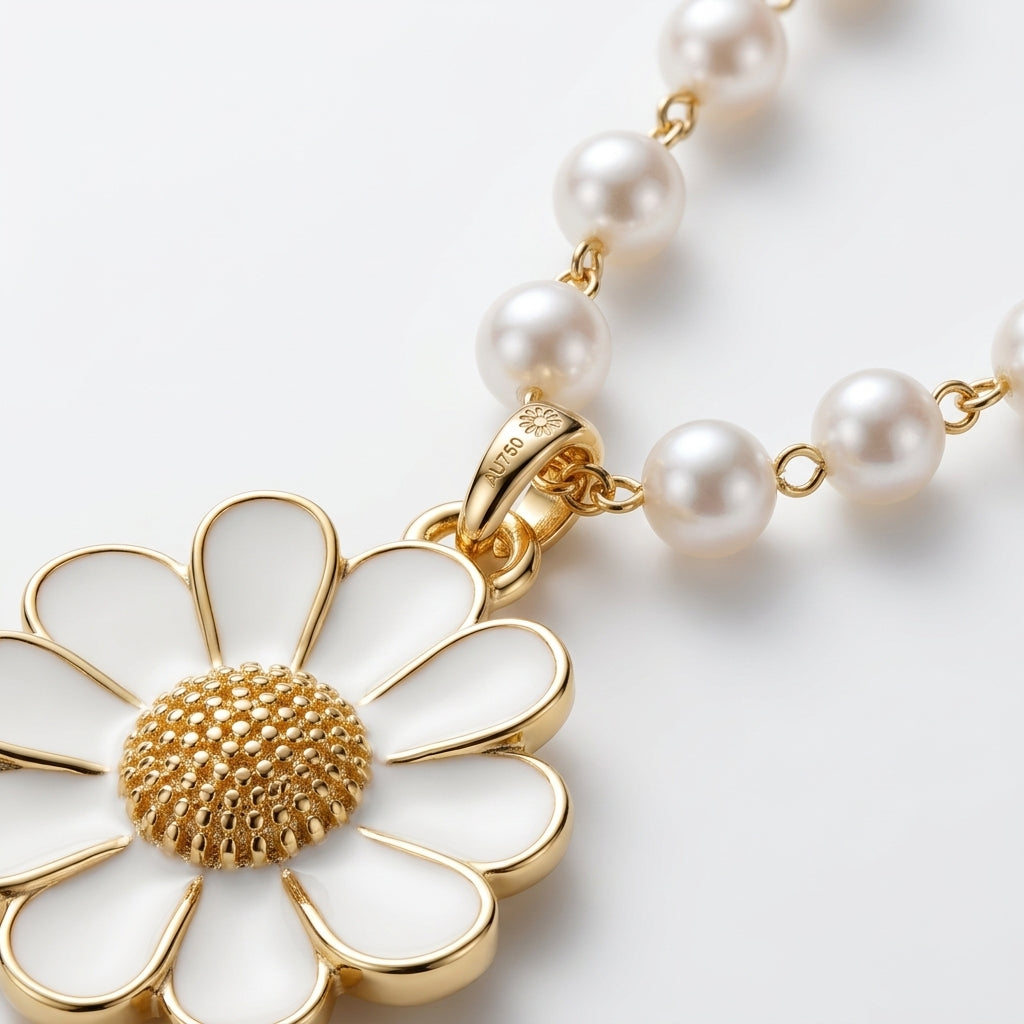 Collar de cuentas tipo perla con colgante flor dorada esmaltada