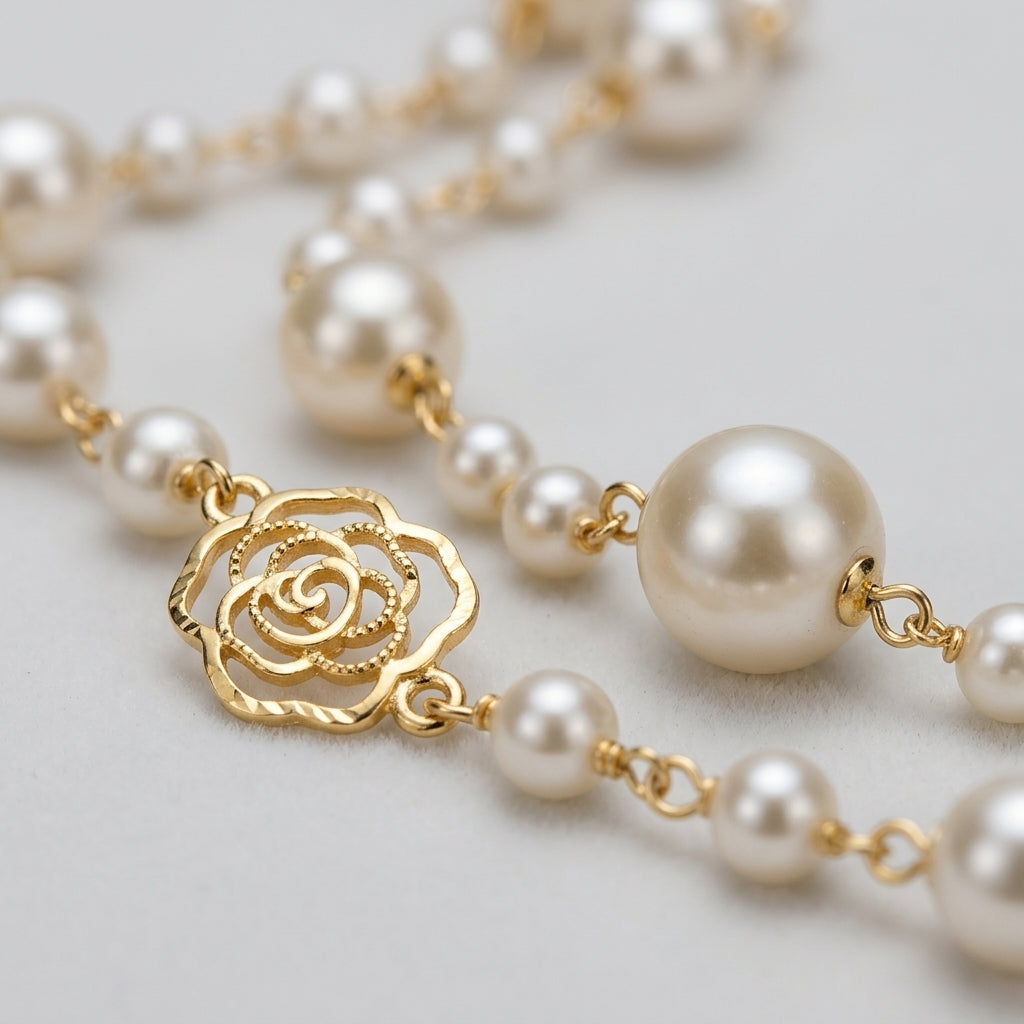 Collar de perlas con bolas grandes y dijes de rosa dorada, eslabones de oro