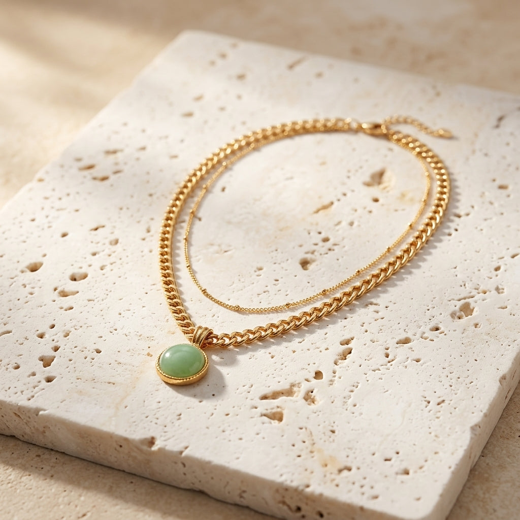 Collar dorado con cadena trenzada y colgante circular verde claro