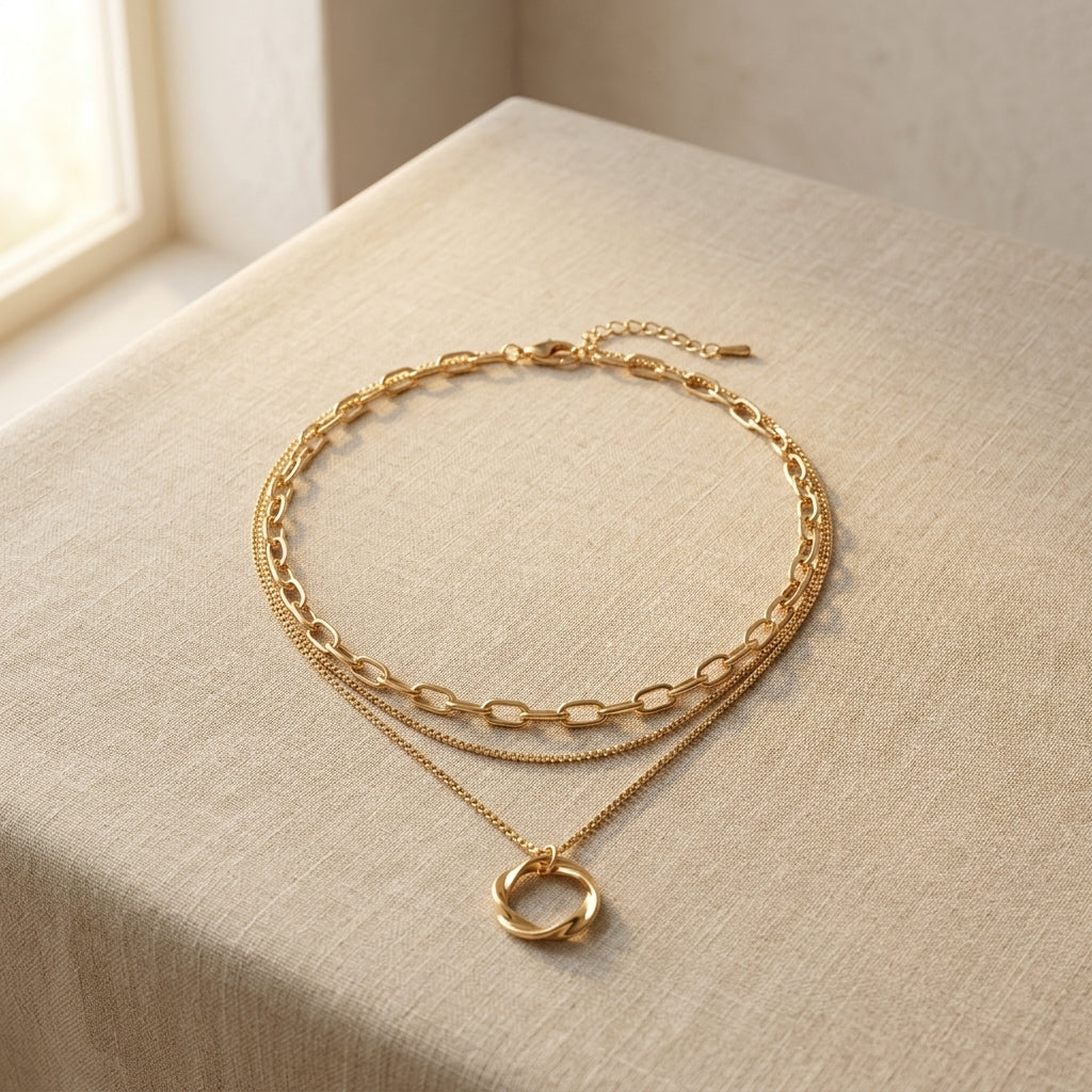Collar de capas dorado con cadenas superpuestas y colgante anillo con forma de corazón