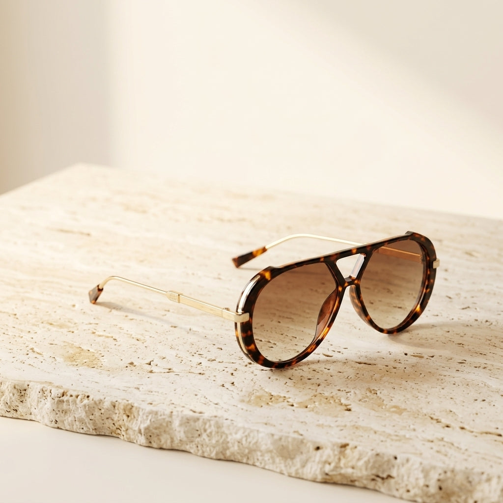 Gafas aviador marrón con montura carey y patillas metálicas doradas