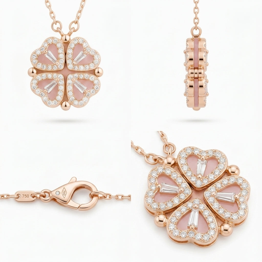 Collar de oro rosa con colgante trébol de corazones y eslabones del cierre
