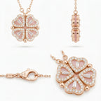 Collar de oro rosa con colgante trébol de corazones y eslabones del cierre