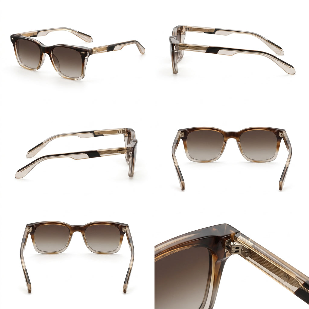 Gafas de sol en varios ángulos: montura carey y lentes marrón oscuro