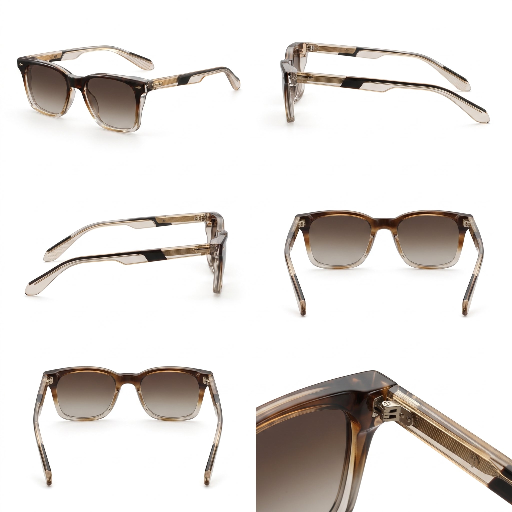 Gafas de sol en varios ángulos: montura carey y lentes marrón oscuro