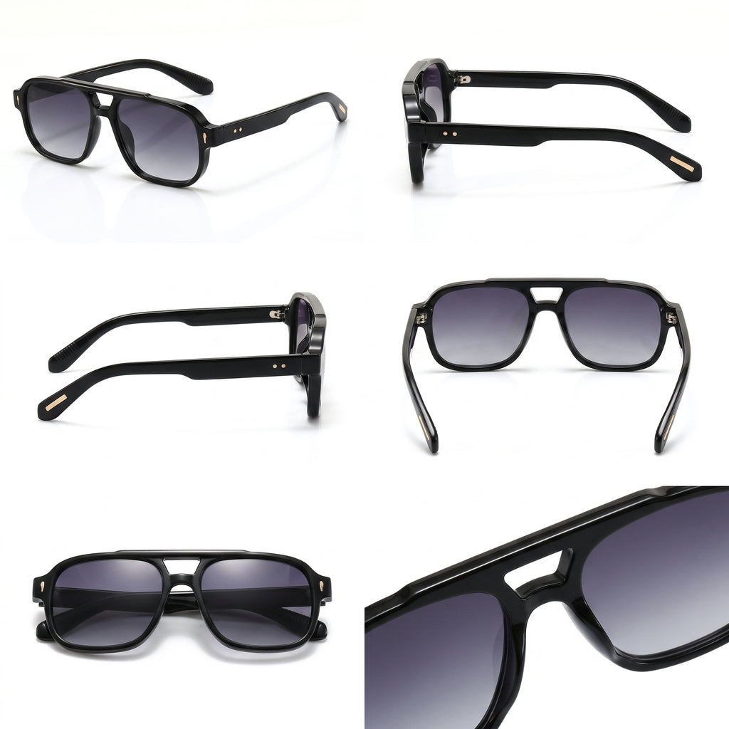 Gafas rectangulares negras con lentes moradas, vistas frontal y lateral