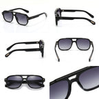 Gafas rectangulares negras con lentes moradas, vistas frontal y lateral