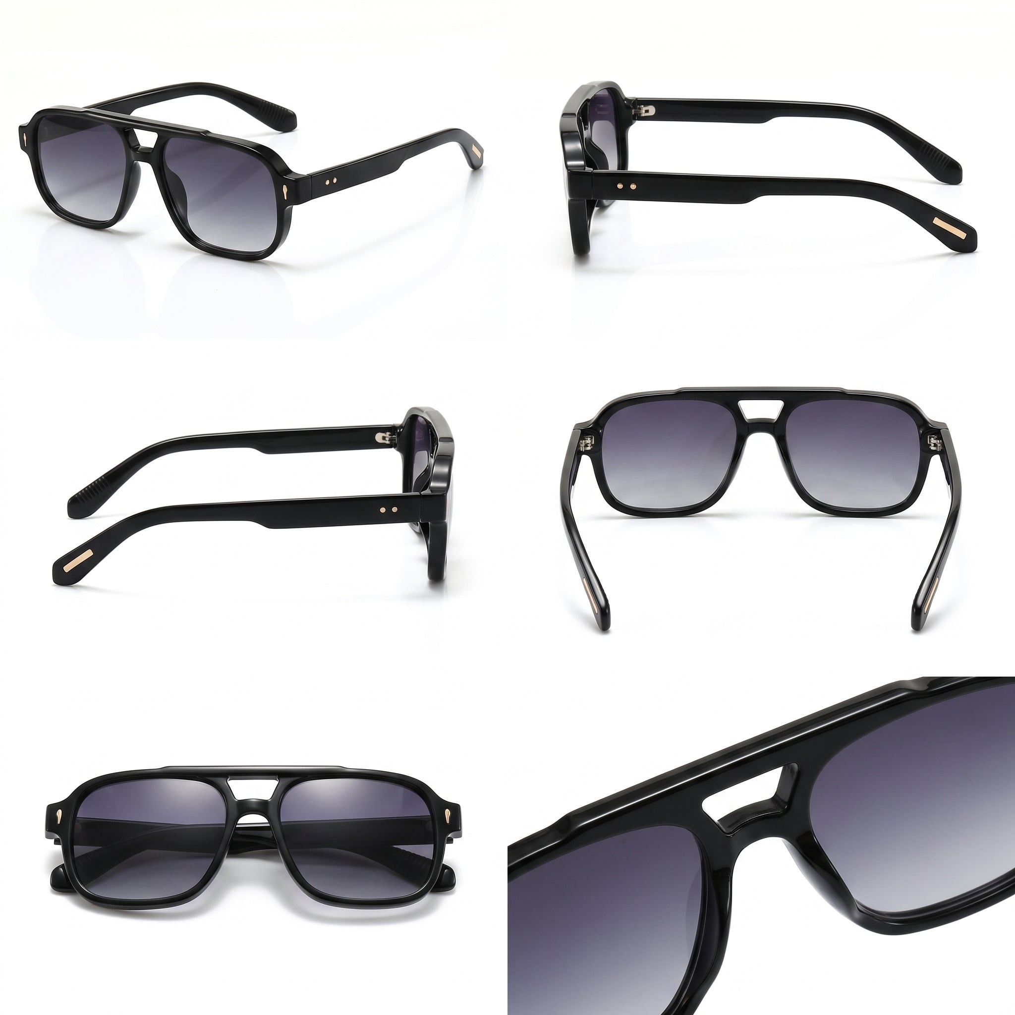 Gafas rectangulares negras con lentes moradas, vistas frontal y lateral