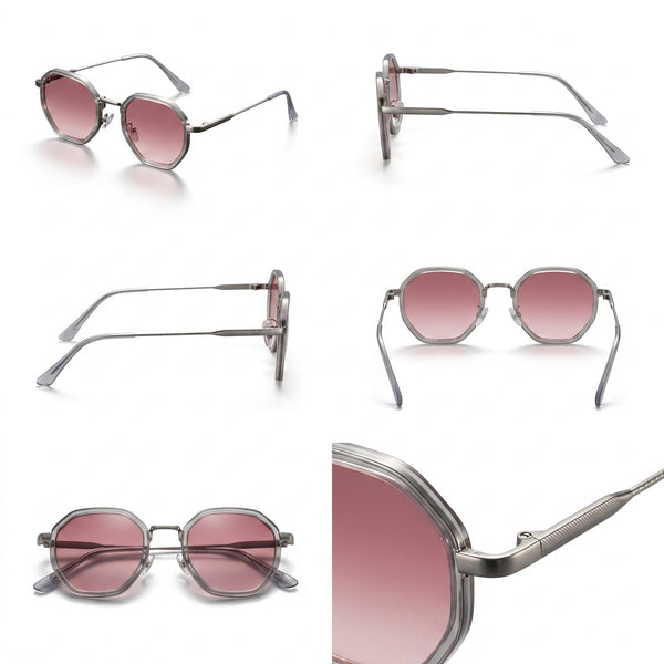 Gafas de sol Siena Élite con lentes rosa y montura plateada, vista múltiple