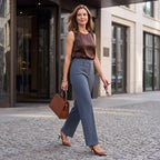Pantalón de talle alto azul, pierna recta con tiro alto