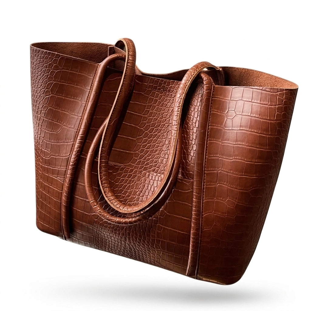 Bolso maxi vintage marrón con textura de cocodrilo y asas dobles.