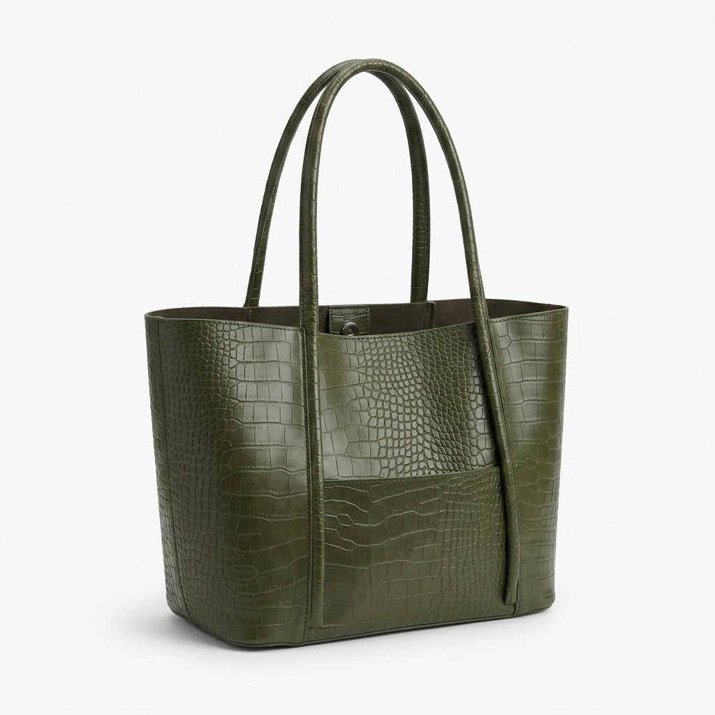 Bolso maxi vintage verde oscuro con textura de cocodrilo y herraje pequeño.