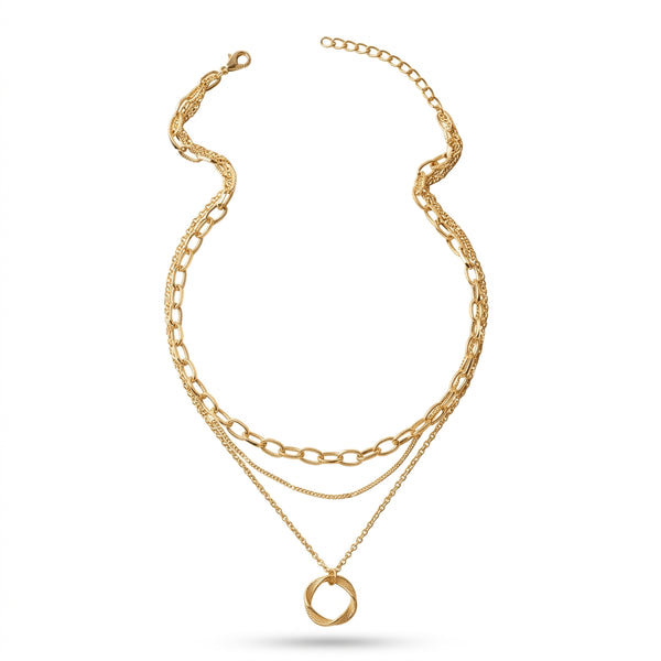 Collar de capas dorado con tres cadenas y colgante anillo con forma de corazón