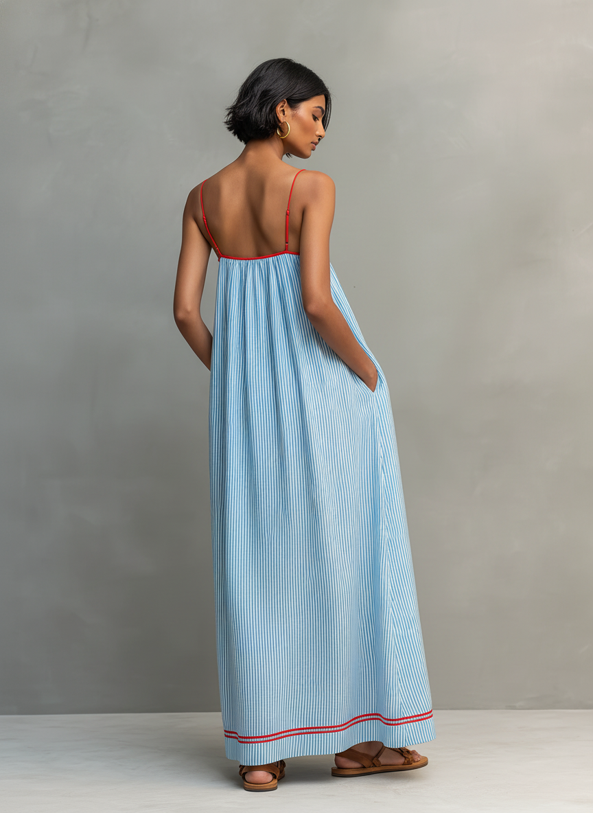 Vestido azul sin mangas con espalda descubierta y rayas verticales; ribete rojo en el bajo