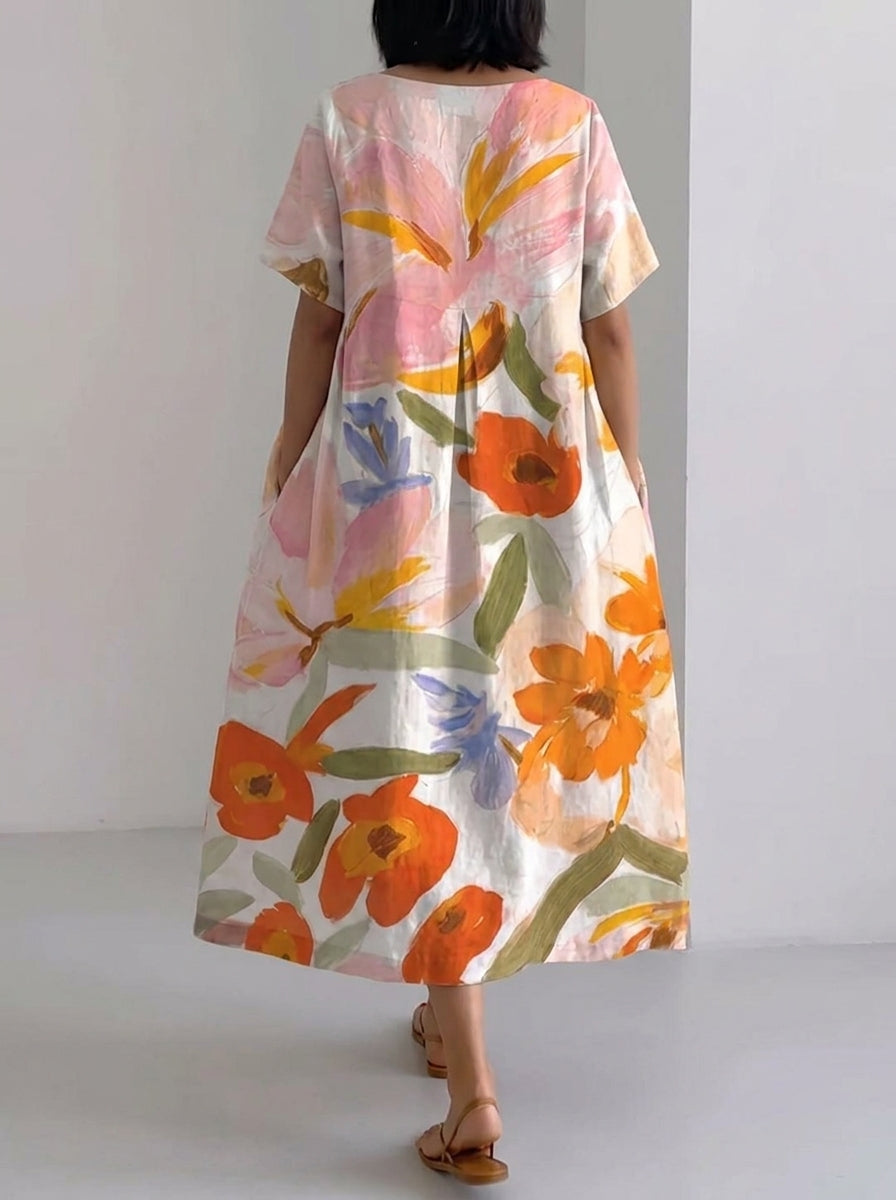 Vestido fluido floral Rosanna con mangas cortas y estampado multicolor sobre fondo claro