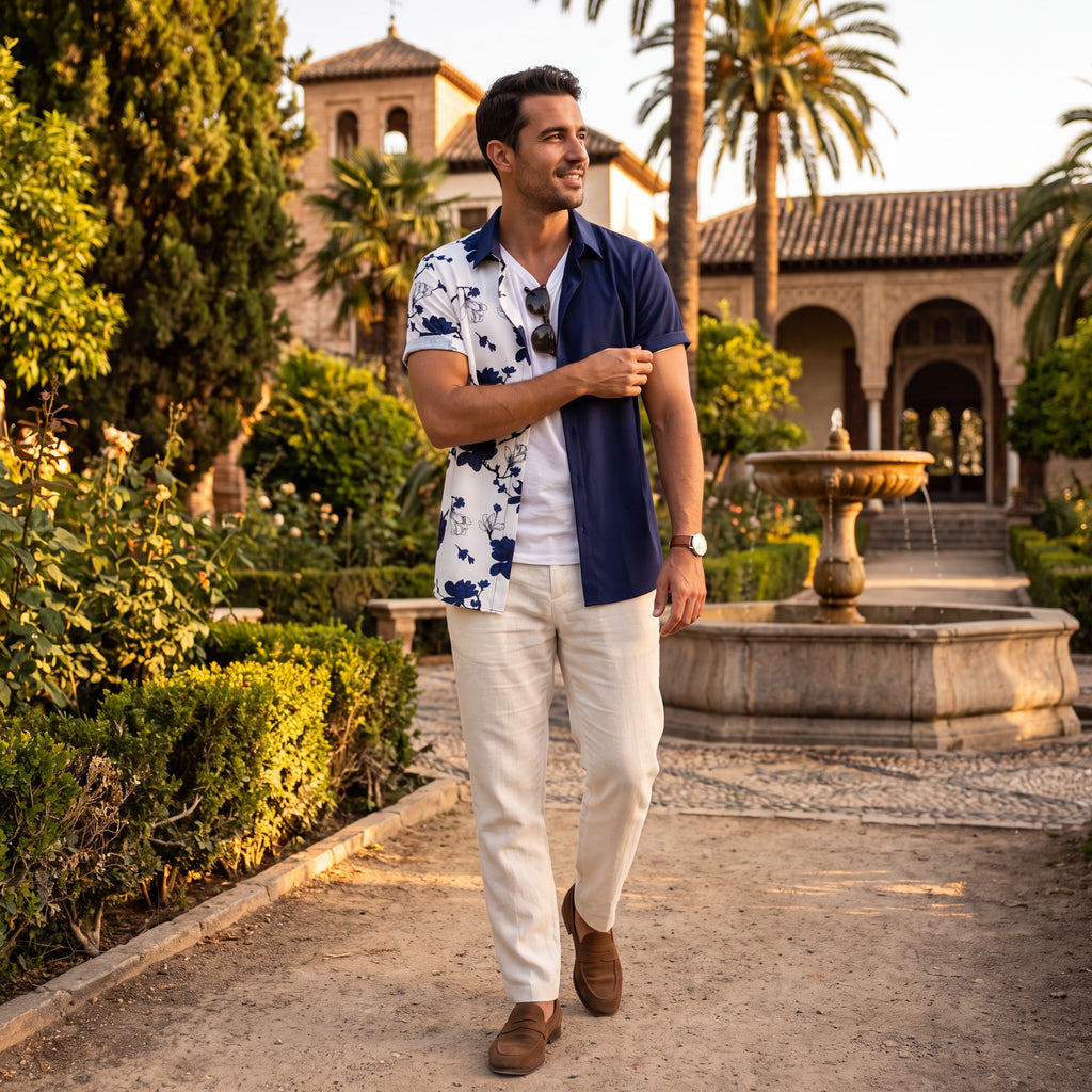 Camisa de hombre de manga corta azul marino con estampado floral blanco