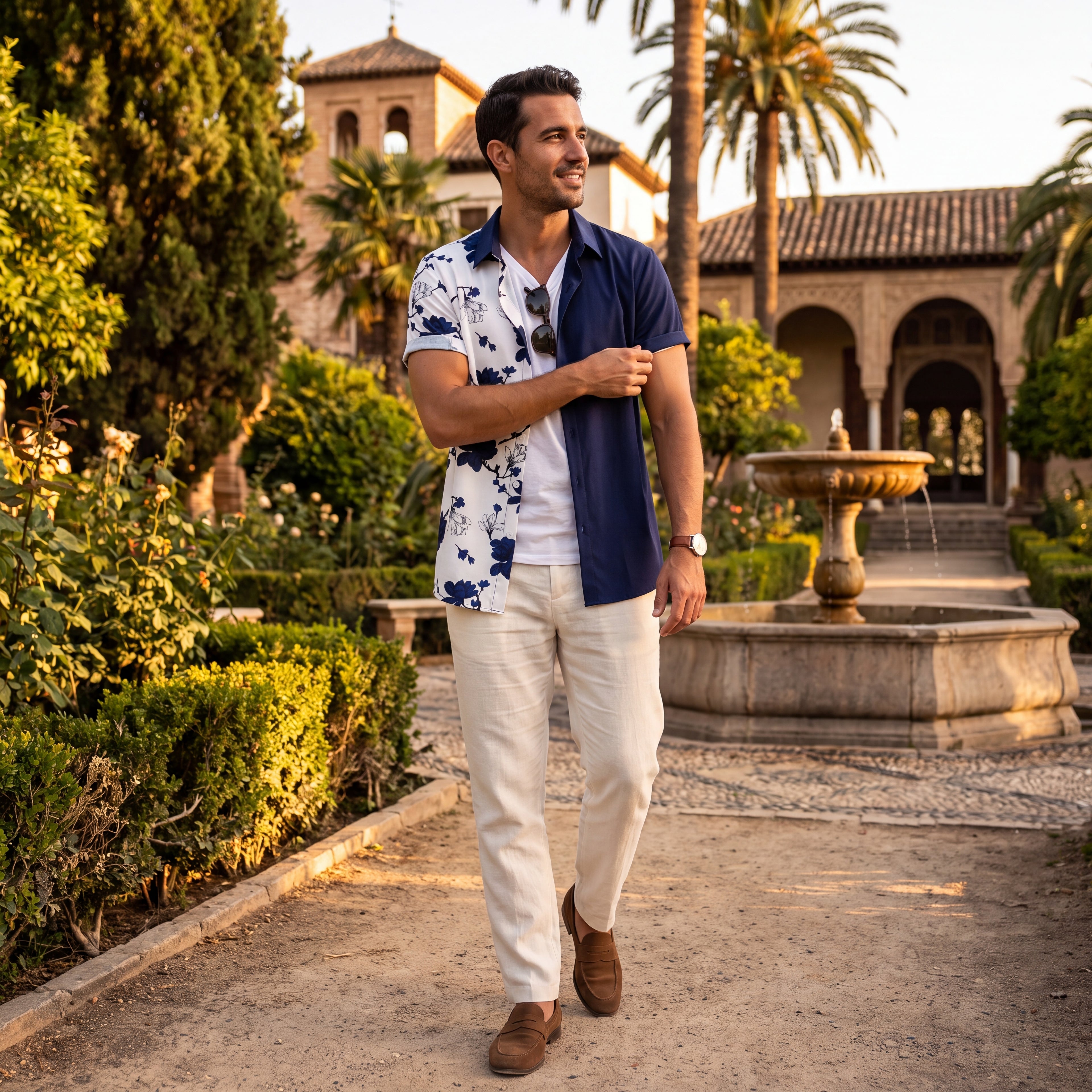 Camisa de hombre de manga corta azul marino con estampado floral blanco