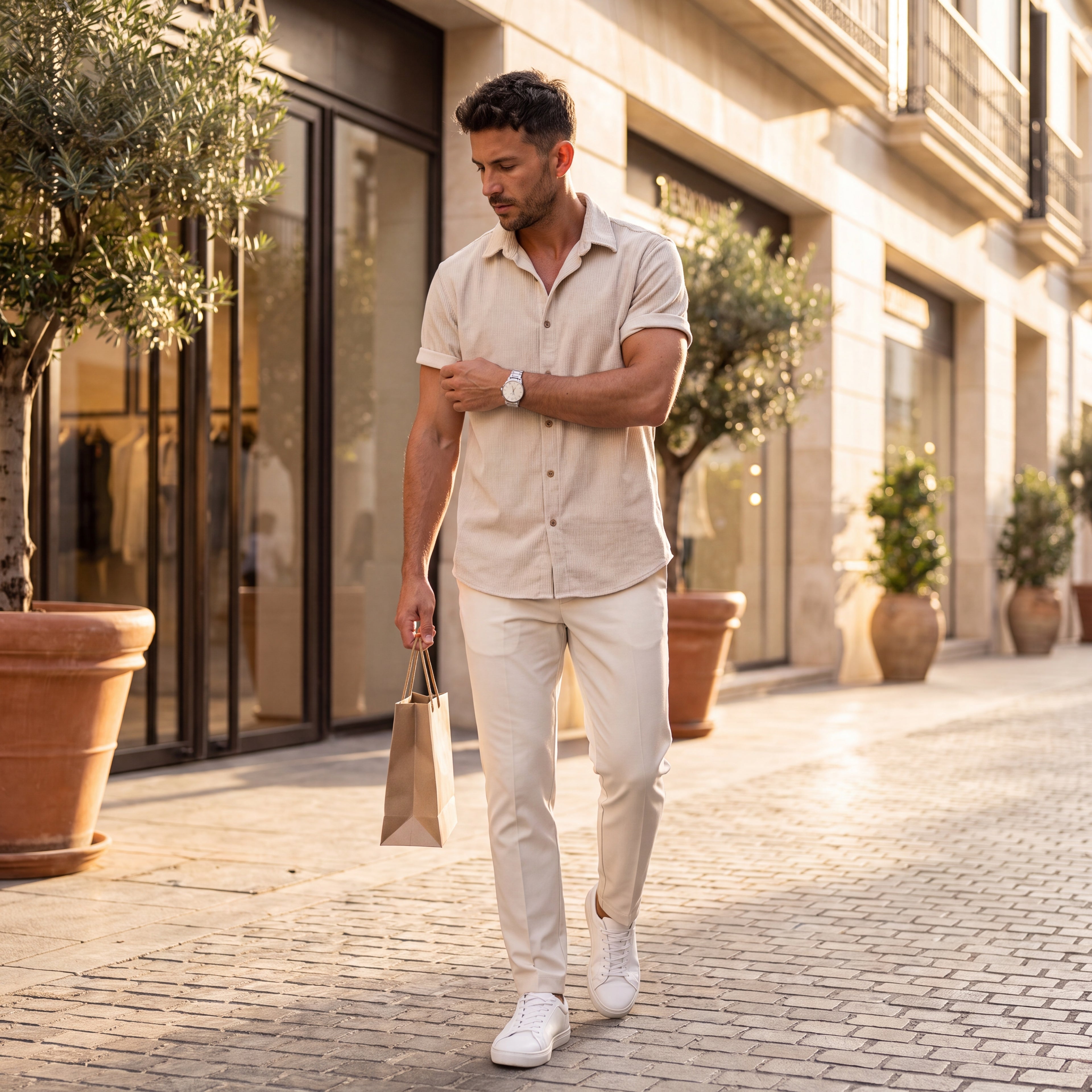 Camisa Toscana beige de manga corta con botones