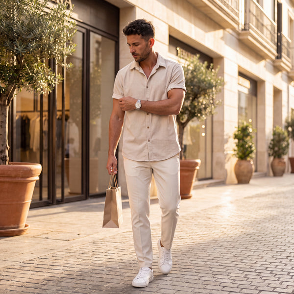 Camisa Toscana beige de manga corta con botones