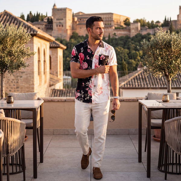 Camisa floral bicolor de manga corta, negro y blanco, con botones y estampado de rosas