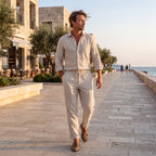 Pantalón recto de lino a rayas beige y blancas con cordón en la cintura