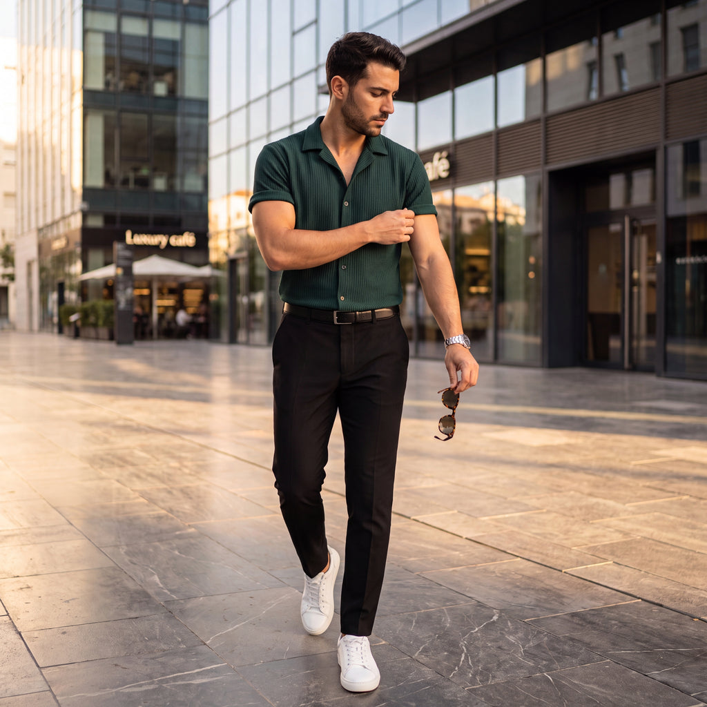Camisa Milano verde oscuro de manga corta con botones y cuello