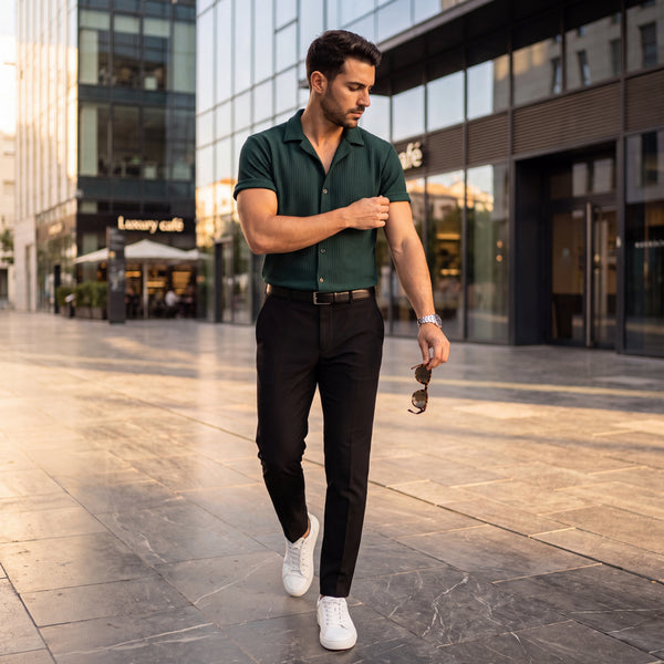 Camisa Milano verde oscuro de manga corta con botones y cuello