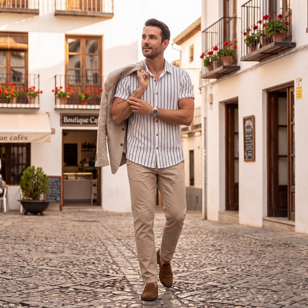 Hombre con camisa de rayas verticales blancas, manga corta, botones visibles.