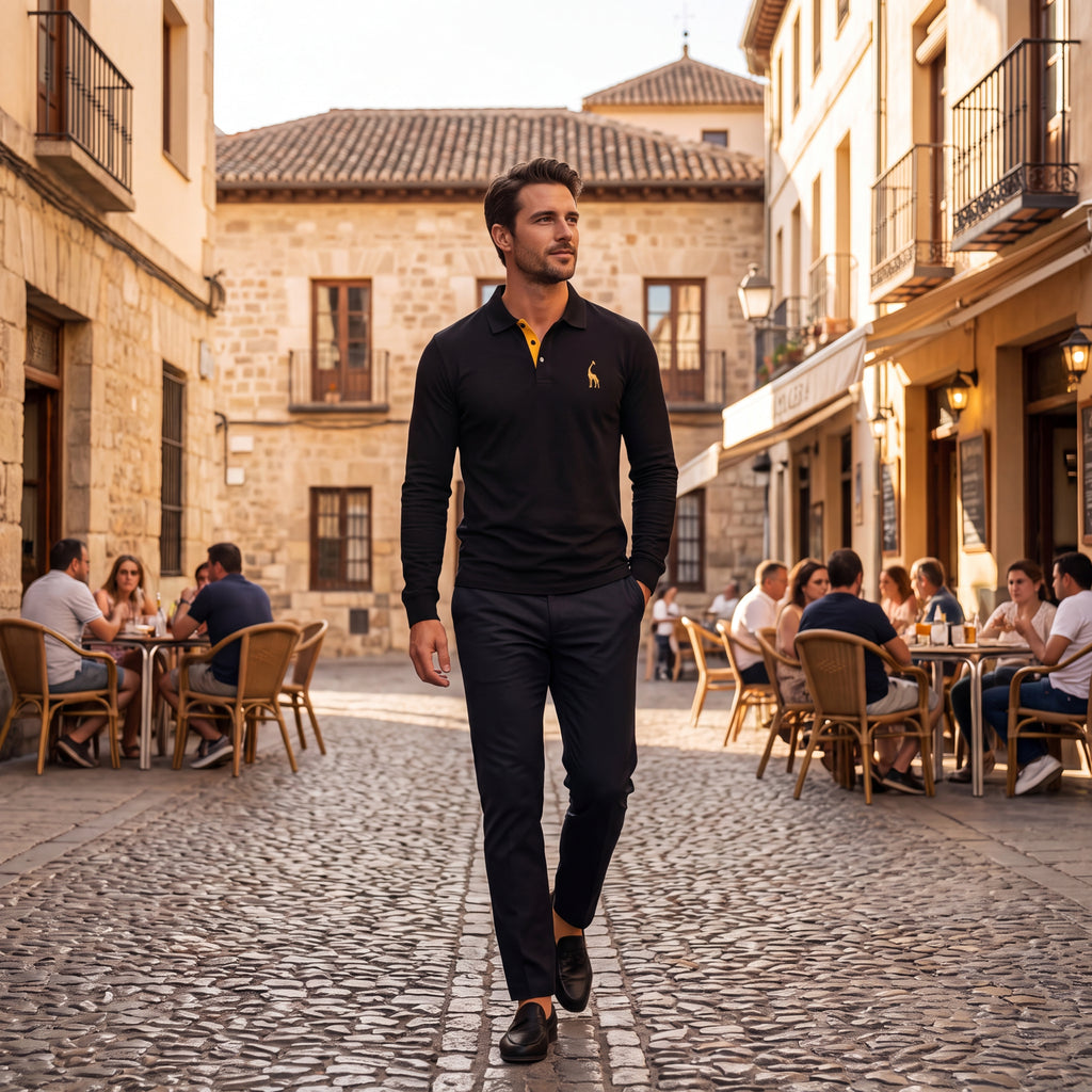 Polo negro con detalles amarillos y bordado de jirafa, usado con pantalón.